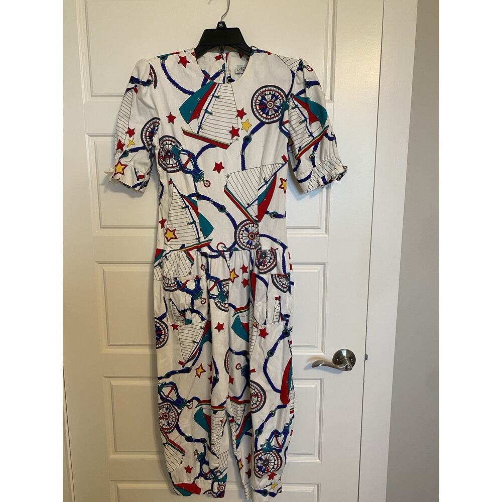 Vintage Natalie Romper Jumpsuit Nautical Womens Medium Cotton 62188 USA White